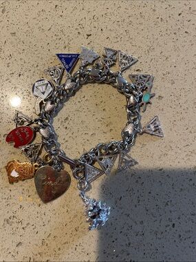 Silver-Tone Multi-Charm Bracelet with Red and Turquoise Accents